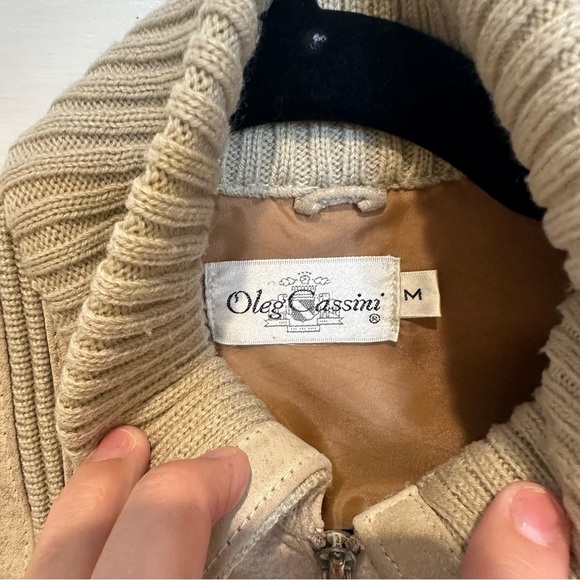VINTAGE OLEG CASSINI CREAM SUEDE KNIT COMBO JACKET WITH SUEDE ELBOW PATCHES SZ M - Picture 3 of 5